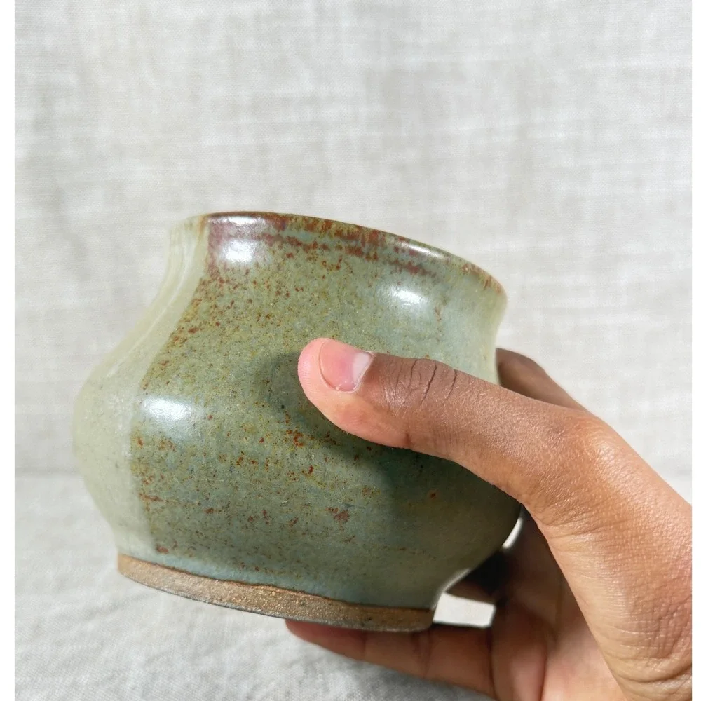 Studio Pottery Vessel Small Green Brown Vintage Good Signed Hand Thrown Ceramic